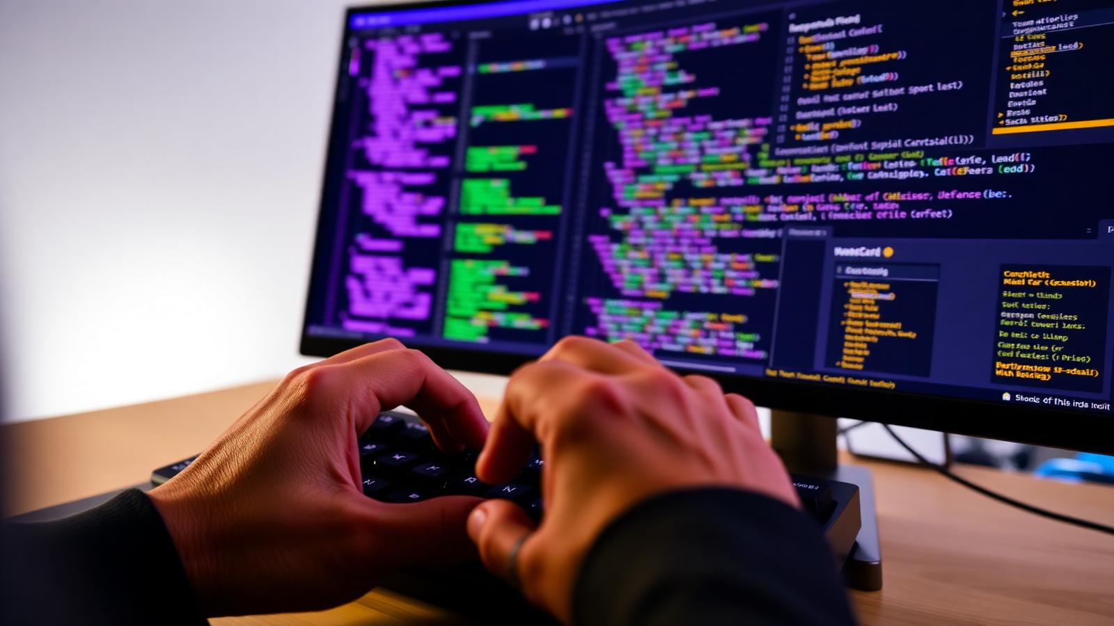 Developer building the LMS with code on a wide monitor