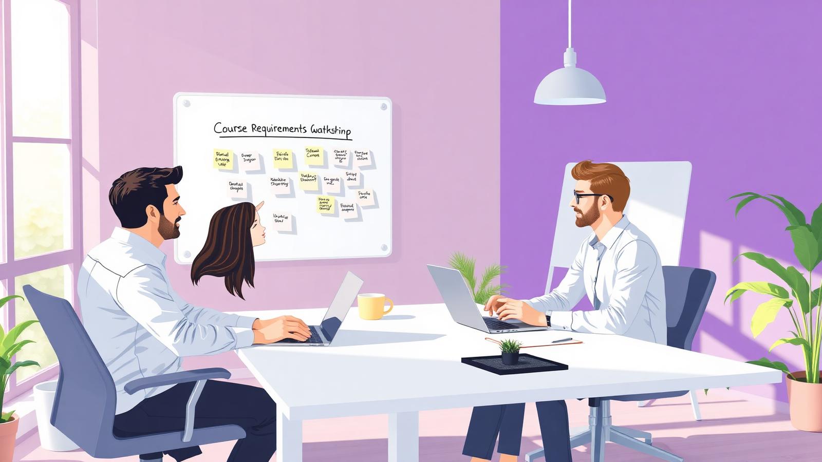 Discovery workshop with developer and client mapping out LMS requirements on a whiteboard