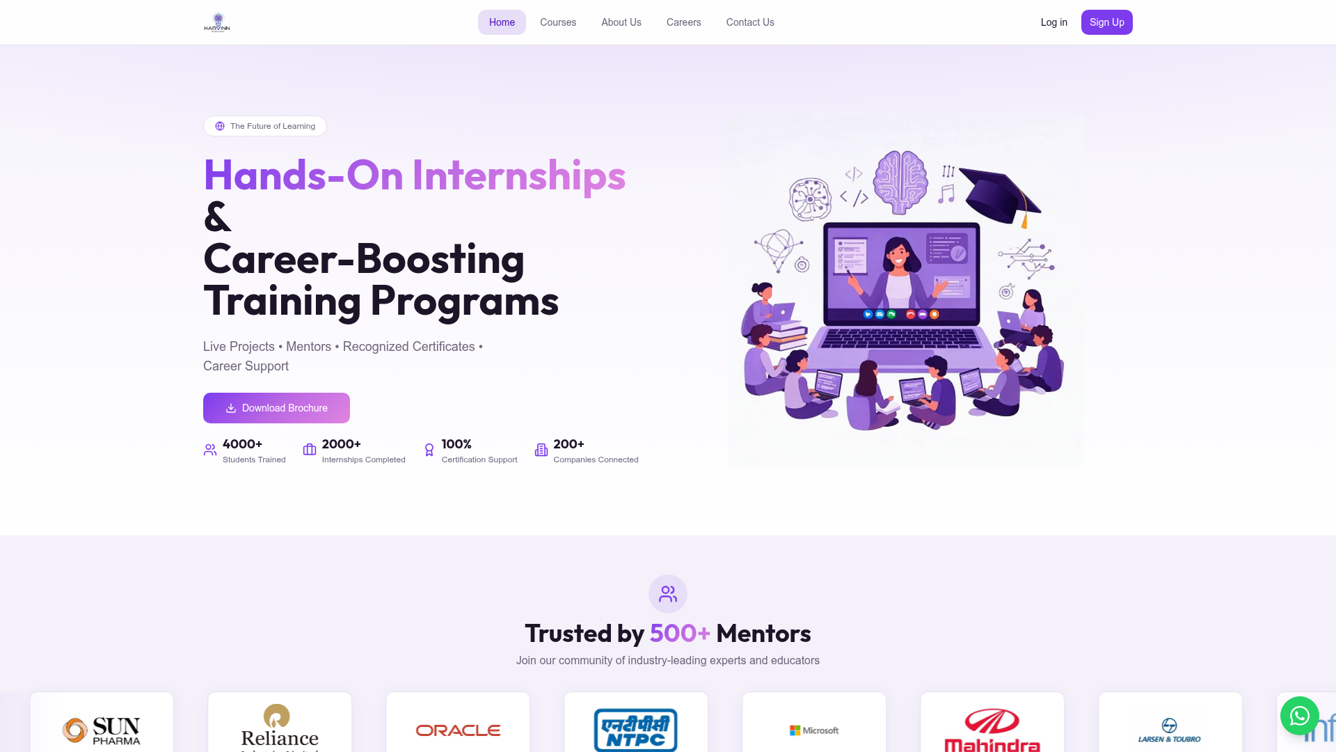 Harvinn Technologies homepage hero showing internships and training programs
