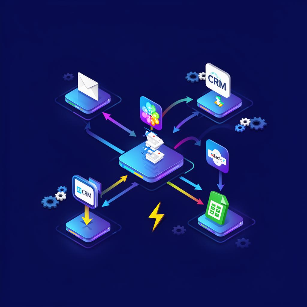 Workflow automation diagram connecting CRM, email, Slack and Google Sheets