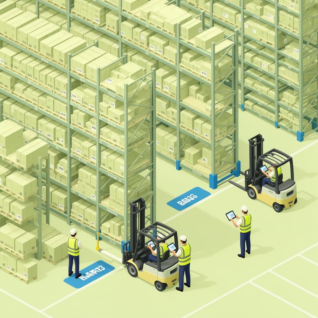 Modern warehouse with organized racks and staff using tablets — warehouse management system in India